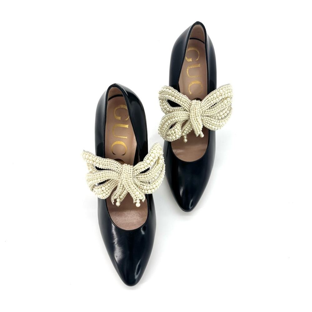 Gucci Elaisa Pearl Removable Bow Pointed Toe High Heel Pumps 38.5 - Picture 4 of 12
